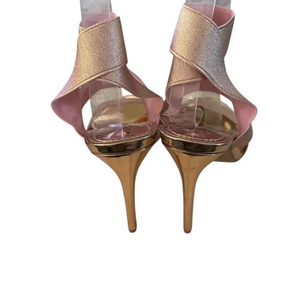 New Lauren Lorraine “Dallas” Shimmering Rose Gold Stiletto Sandals 7